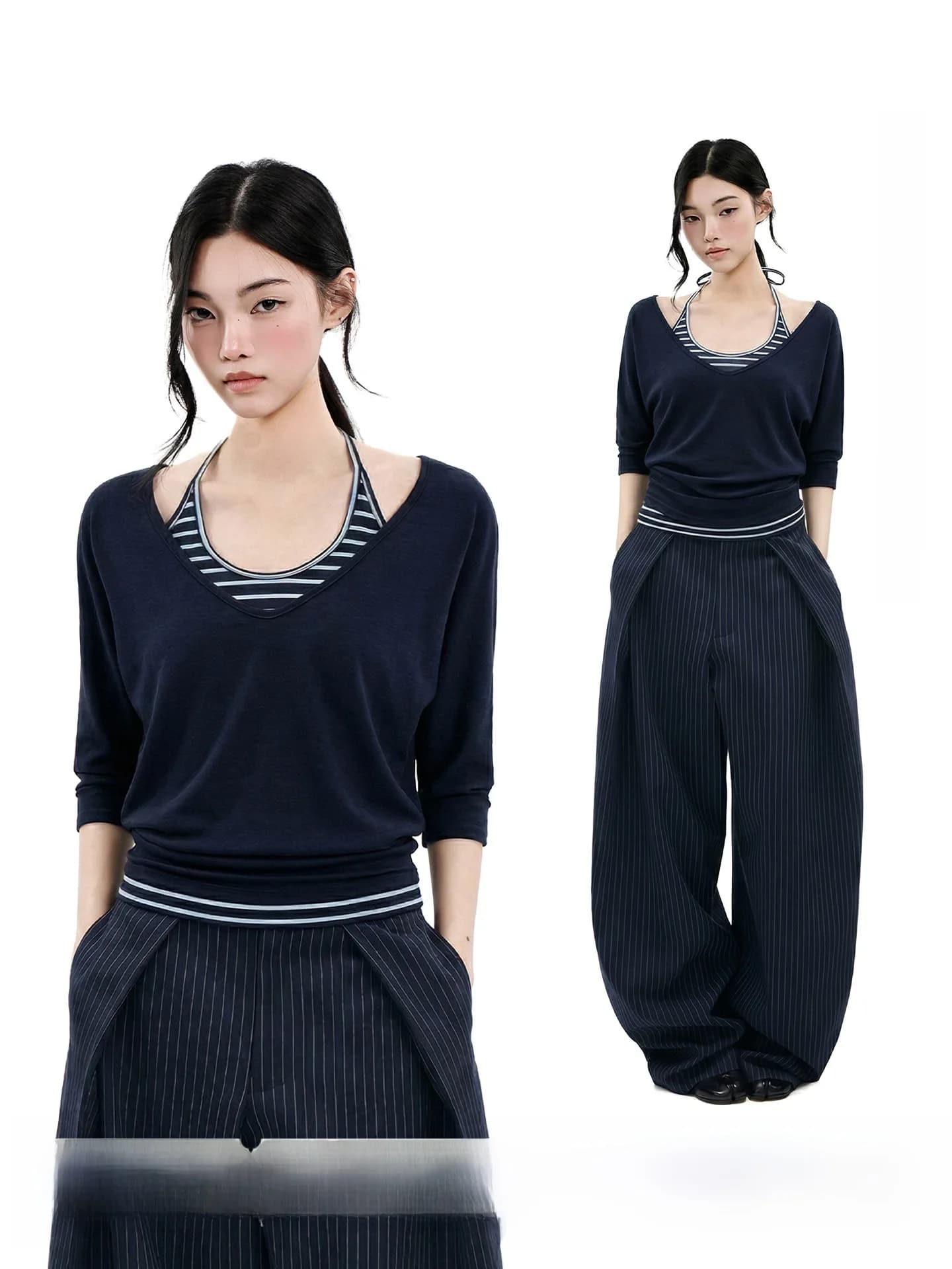 T-shirt a righe slim fit da donna, top sexy con spalle scoperte e maniche a tre quarti UNCMHISEX, blu royal, casual, comoda, traspirante, con scollo a V.
