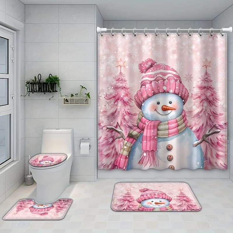 4 pezzi doccia rosa con piccolo pupazzo di neve, tenda impermeabile in poliestere con 12 ganci, decorazione per il bagno stampata con motivo carino