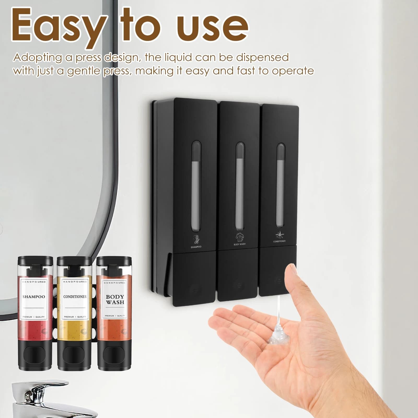 Dispenser di sapone liquido senza trapano Dispenser di shampoo e balsamo per doccia tripla montato a parete per accessori da bagno per hotel domestici