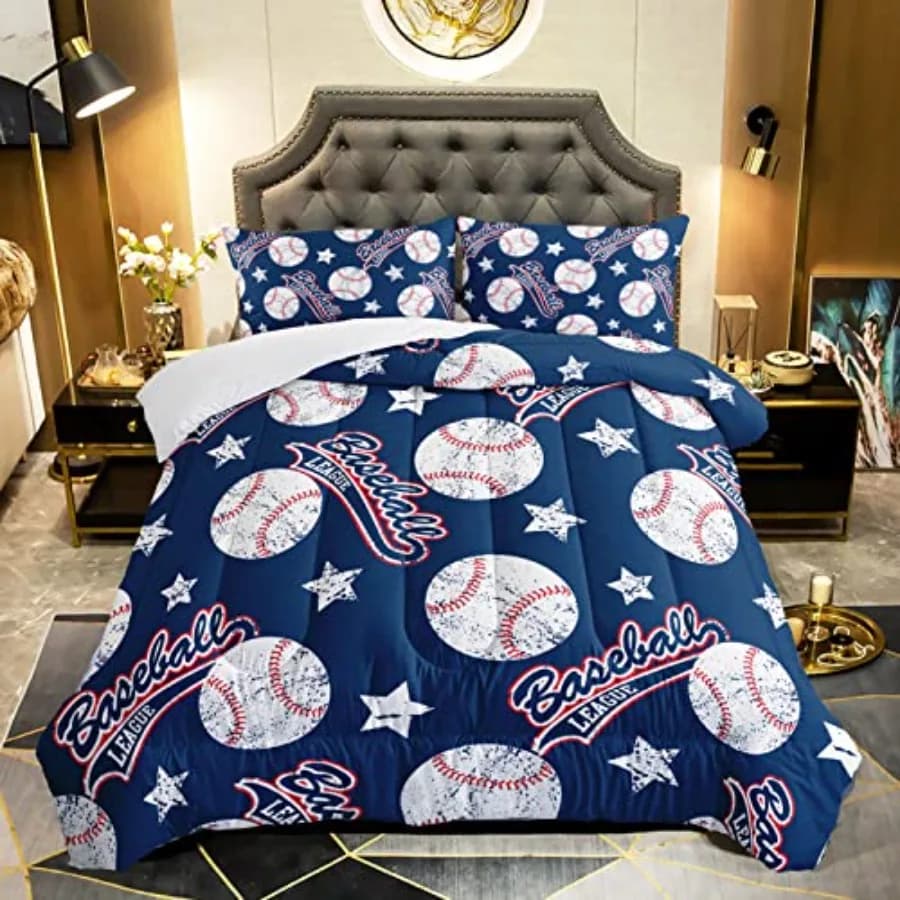 3D Baseballs Comforter Size, Blue Baseball Bedding Set, 3Pcs Bedding Set Printed Comforter with 2 Pillowcases, Down Alternative