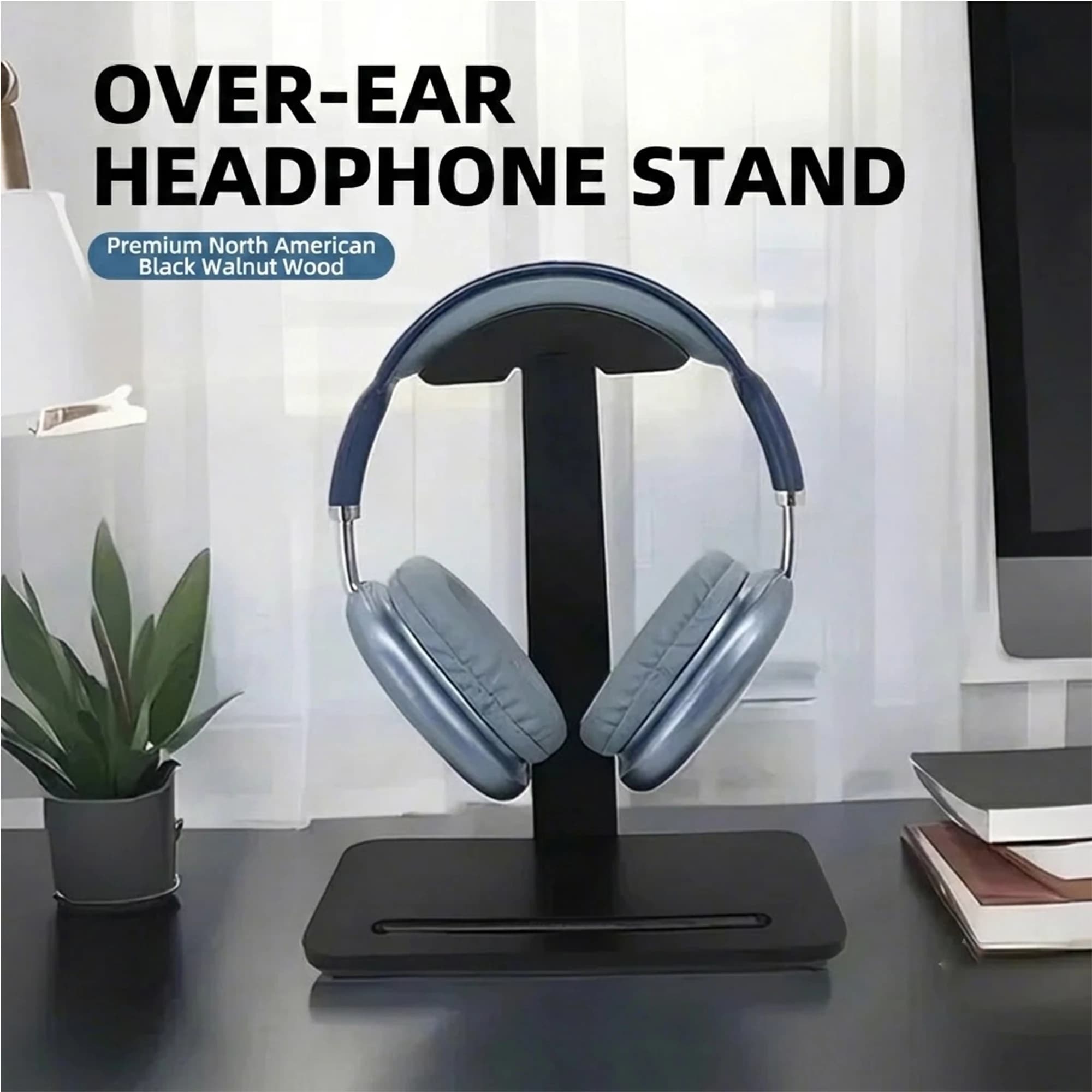 Luxury Shockproof Nature Waterproof Solid Black Walnut Wood Headphone Stand For All Over-ear Headphones.