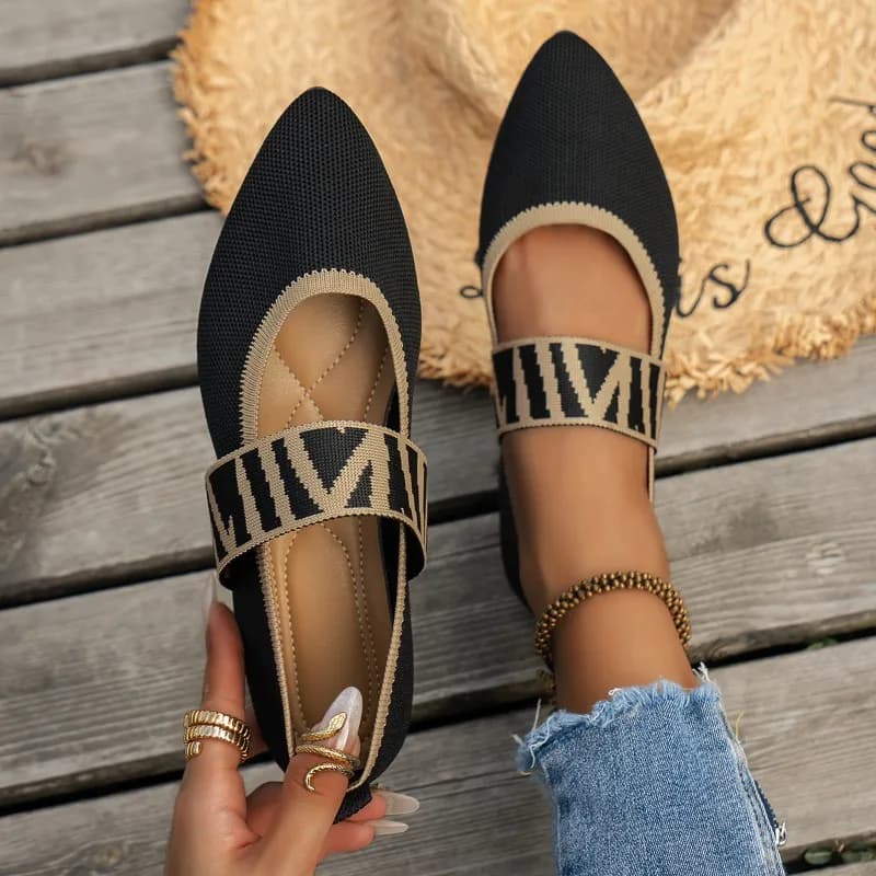Knitted Color-block Women's Flat Shoes Dressy Ballet Flats Casual Striped Straps Pointed Toe Loafers Female Daily Shoes Big Size