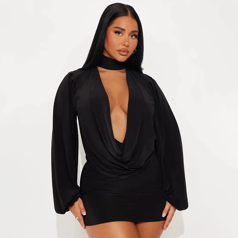 Backless V Neck Dress Suits Women Autumn Winter Lantern Long Sleeve Tee Shirt Mini Bodycon Skirt Two Piece Matching Sets Outfits