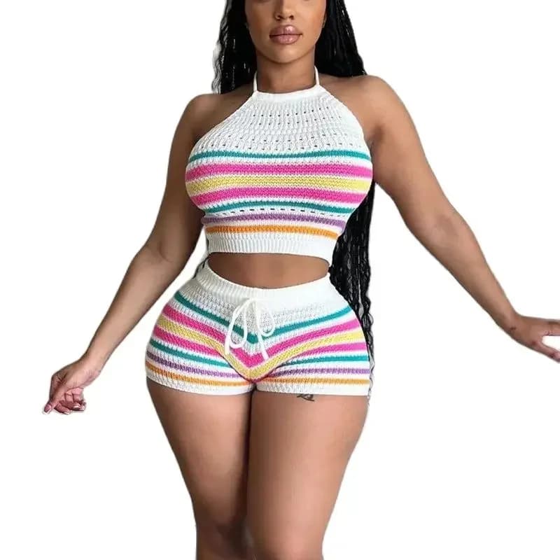Abiti da donna hhhanging Neck Lace-up senza maniche top senza schienale femminile Casual lavorato a maglia a righe arcobaleno set di due pezzi pantaloncini Slim Fit