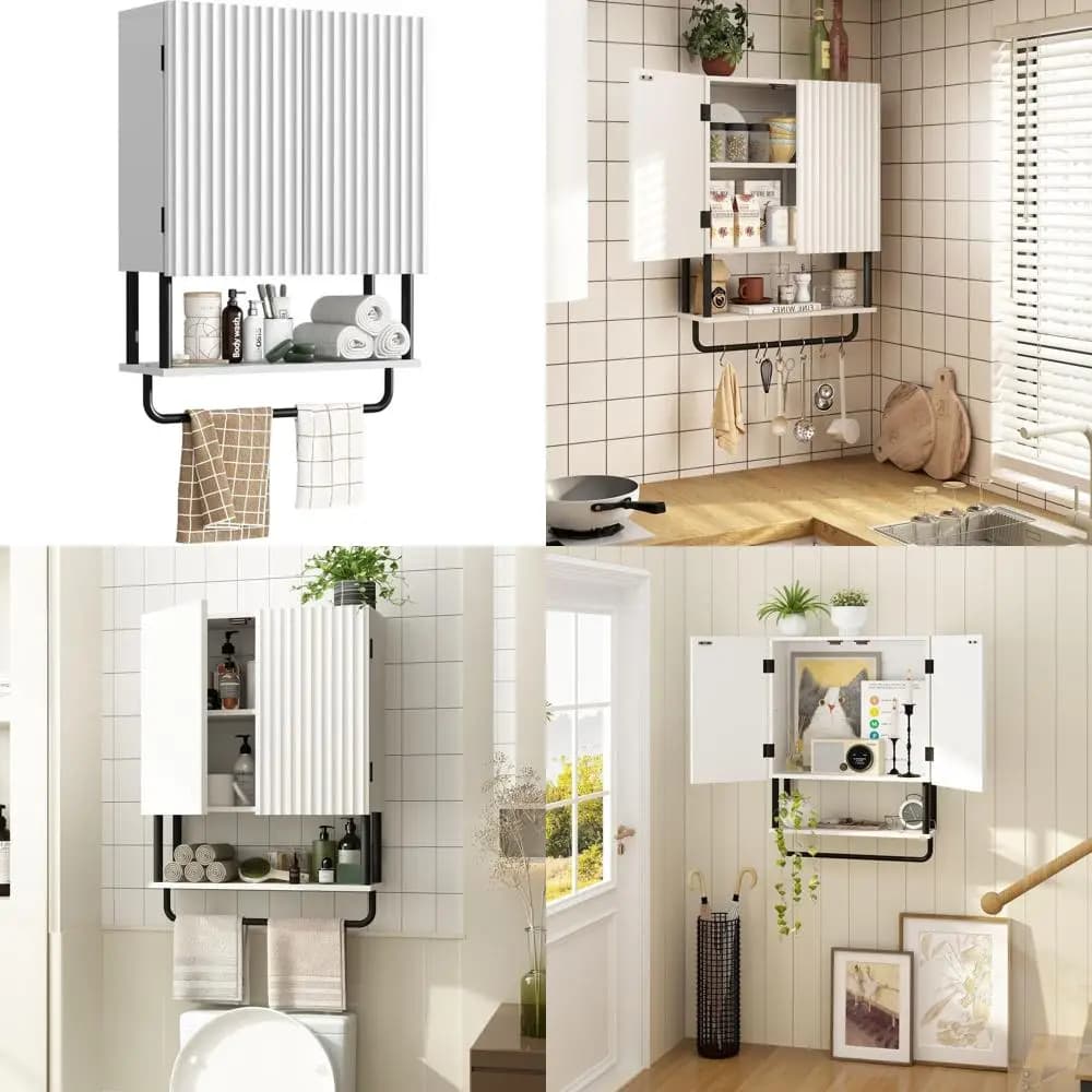 Mobiletto da Bagno Bianco di Media Dimensione a 3 Ripiani con 2 Ante, Spazio di Stoccaggio Sopra il WC e Porta Asciugamani