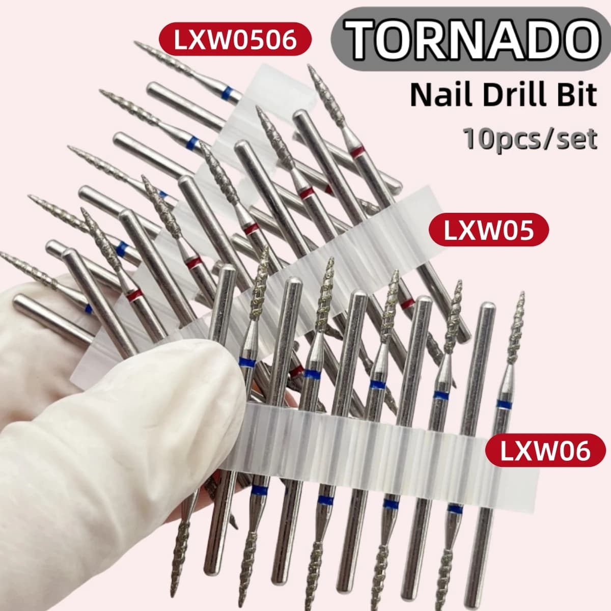 10 Pz Tornado Punta da trapano per unghie diamantata Grana fine e media Taglia Frese per manicure Accessori per trapano per fresa rotativa Strumento per frese per unghie a spirale