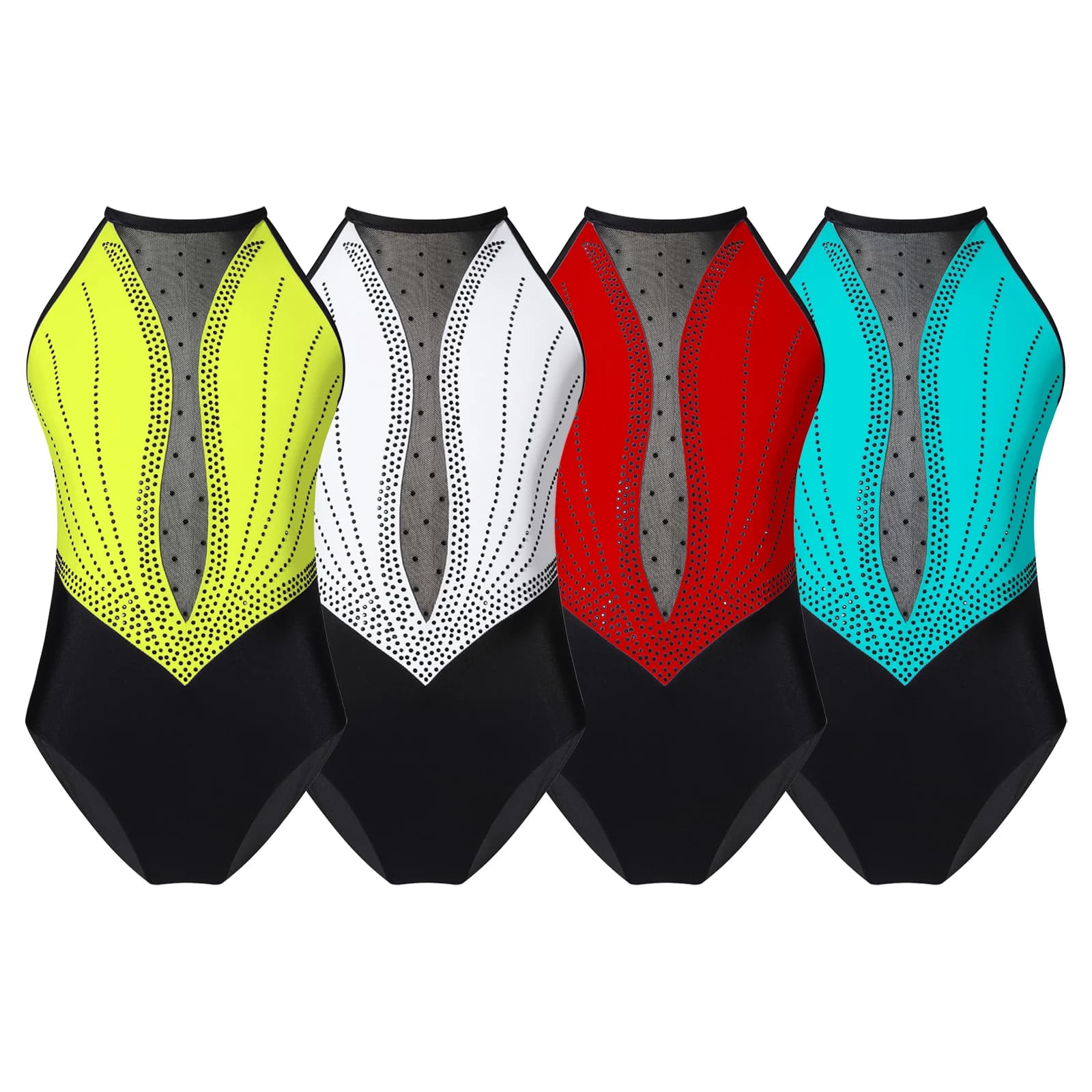 Ragazze balletto danza body bambini senza maniche lucido strass maglia Patchwork tuta figura pattinaggio su ghiaccio ginnastica Dancewear