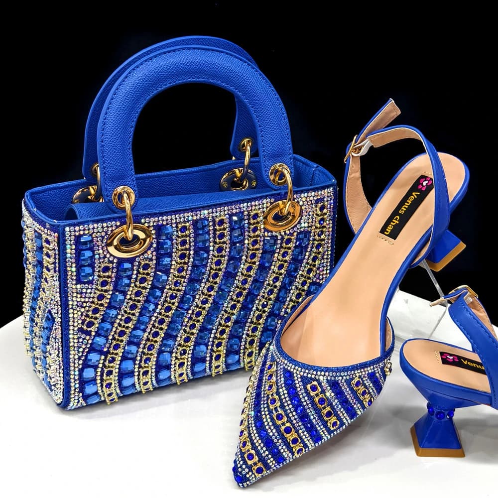 2025 Summer New Design Special Women's Shoes and Bags Italian Set Comfortable Low Heels Blue Color With Rhinestones
