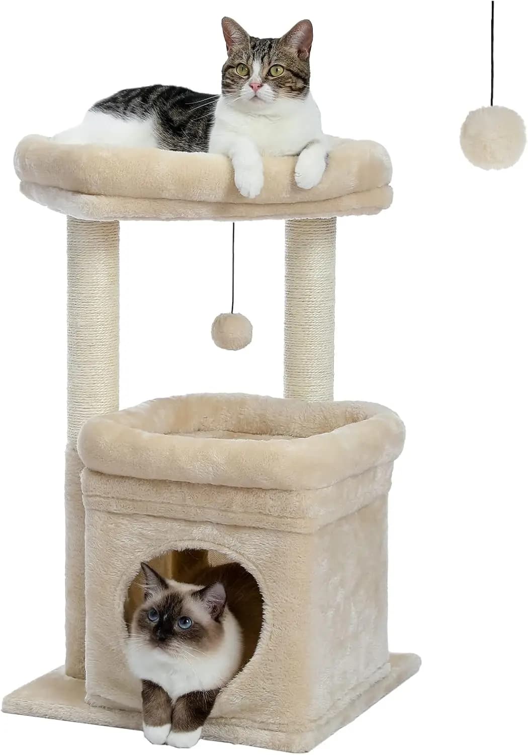 Torre per Gatti Cozy Cat per Interni con Tiragraffi in Sisal e Pompon in Peluche, Beige