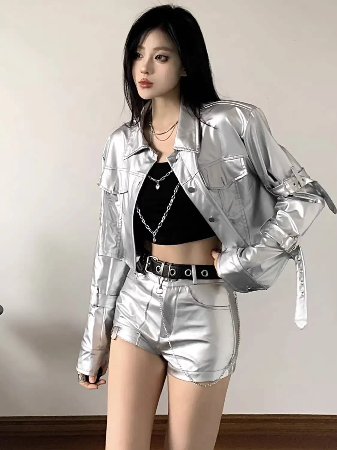 Abiti da ballo jazz Set Spice Girl alla moda da donna Elegante cappotto corto Abbigliamento da pratica di danza moderna hip-hop argento di fascia alta