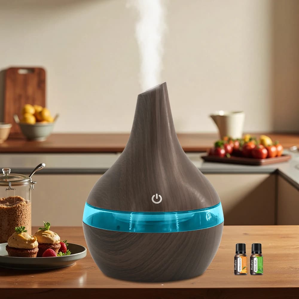 Umidificatore con diffusore di oli essenziali USB da 300 ml, design a venature del legno, funzionamento silenzioso, spegnimento automatico, senza BPA con 2 oli aromatici