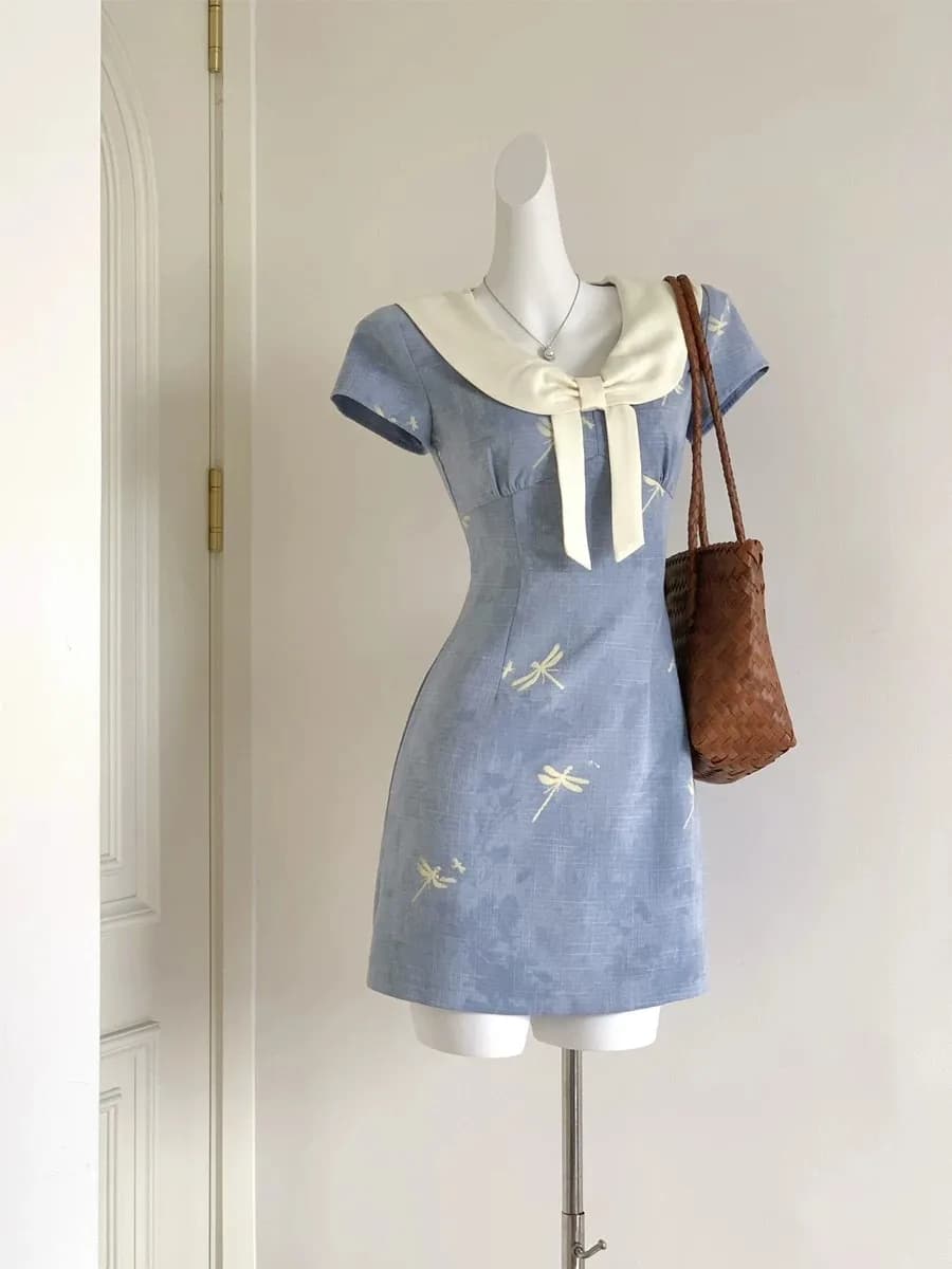 Retro Blue Dress Navy Collar Sweet Bow Waist Cinching Short Skirt Polyester Fiber Short Sleeve Pure Color Daily Wear