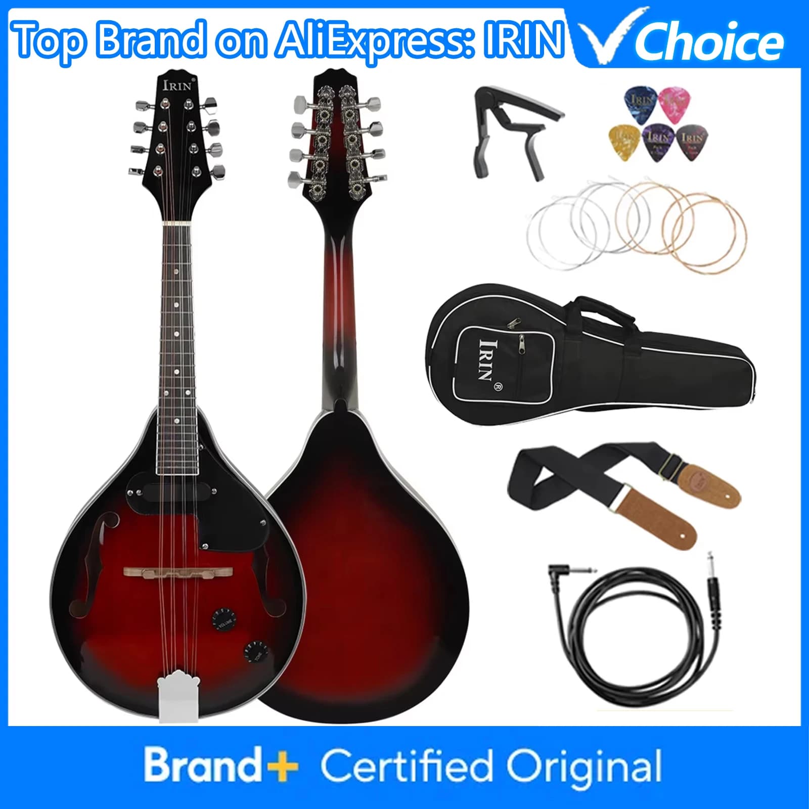 IRIN Mandolino Elettrico a 8 Corde Stile A con Borsa, Capotasto, Tracolla e Plettri - Accessori per Strumenti a Corda