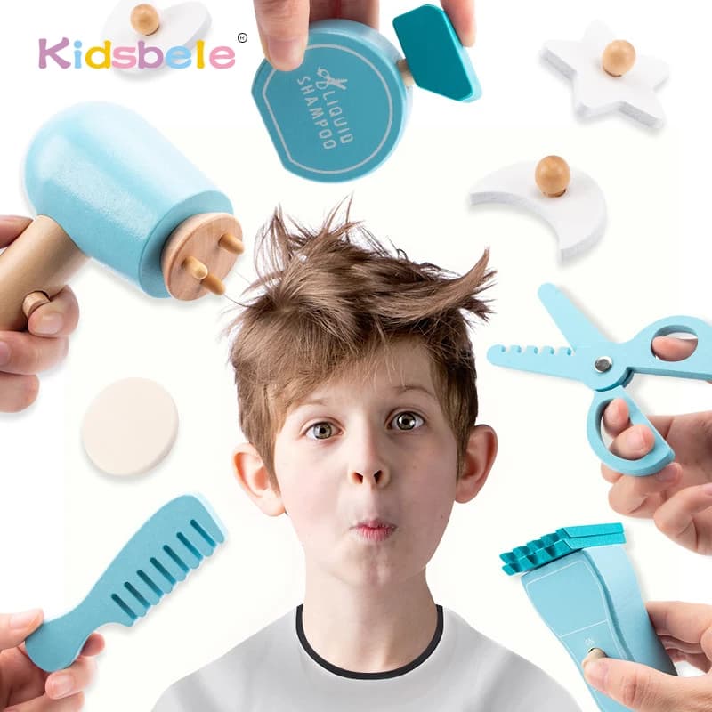 Kit per lo Styling dei capelli per bambini con forbici per tagliare i capelli in legno e Kit per il taglio dei capelli giocattolo per asciugacapelli cassetta degli attrezzi da barbiere
