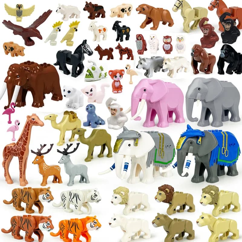 Blocchi da Costruzione MOC Animali dello Zoo: Elefante Africano, Cammello, Cervo, Lupo, Coccodrillo, Tigre, Leone, Pecora, Cavallo da Guerra, Mini Mattoncini, Giocattolo per Bambini, Regalo S06