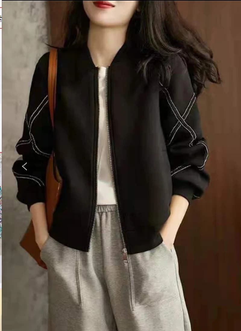Black Zipper Baseball Jacket Women's plus Size Slimming Hong Kong Style Autumn New Arrival Commute Style Pure Color Long Sleeve