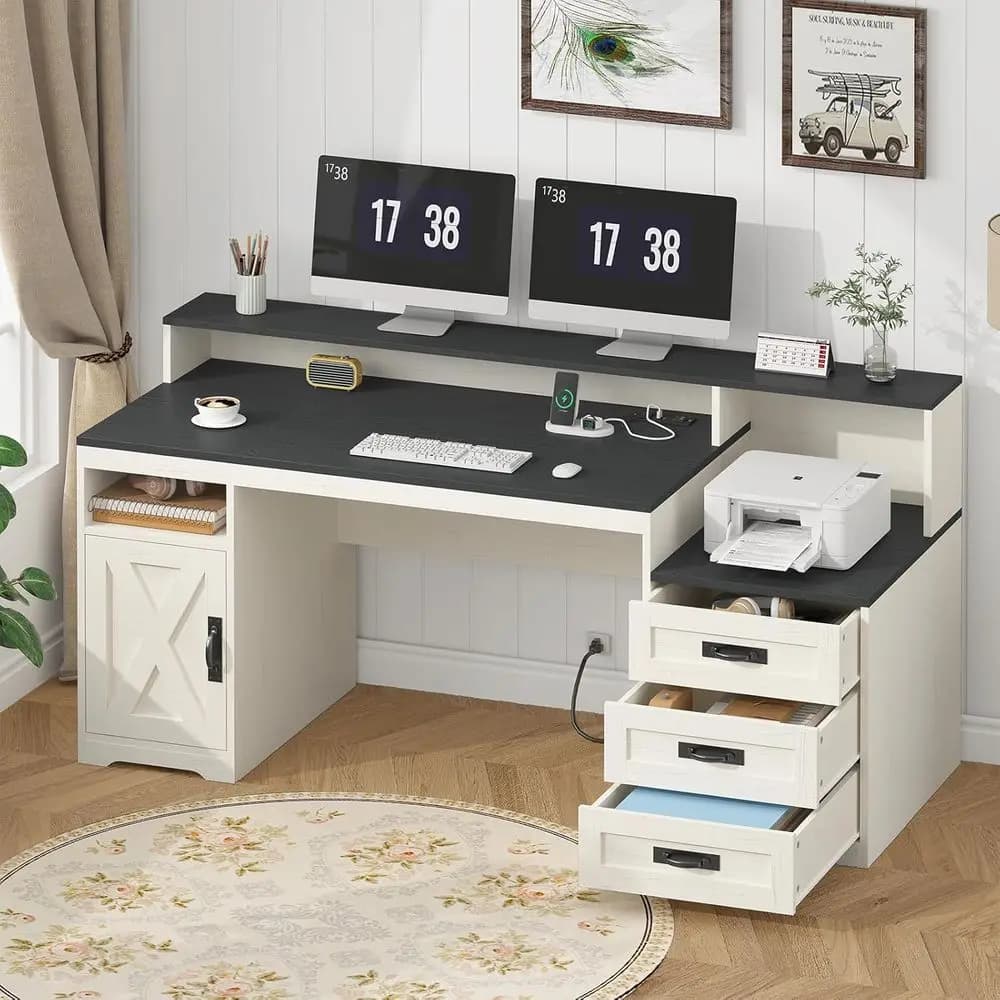 Scrivania doppia da 65'' con spazio di archiviazione, prese di corrente, supporto per stampante e supporto per monitor - Bianco e Nero