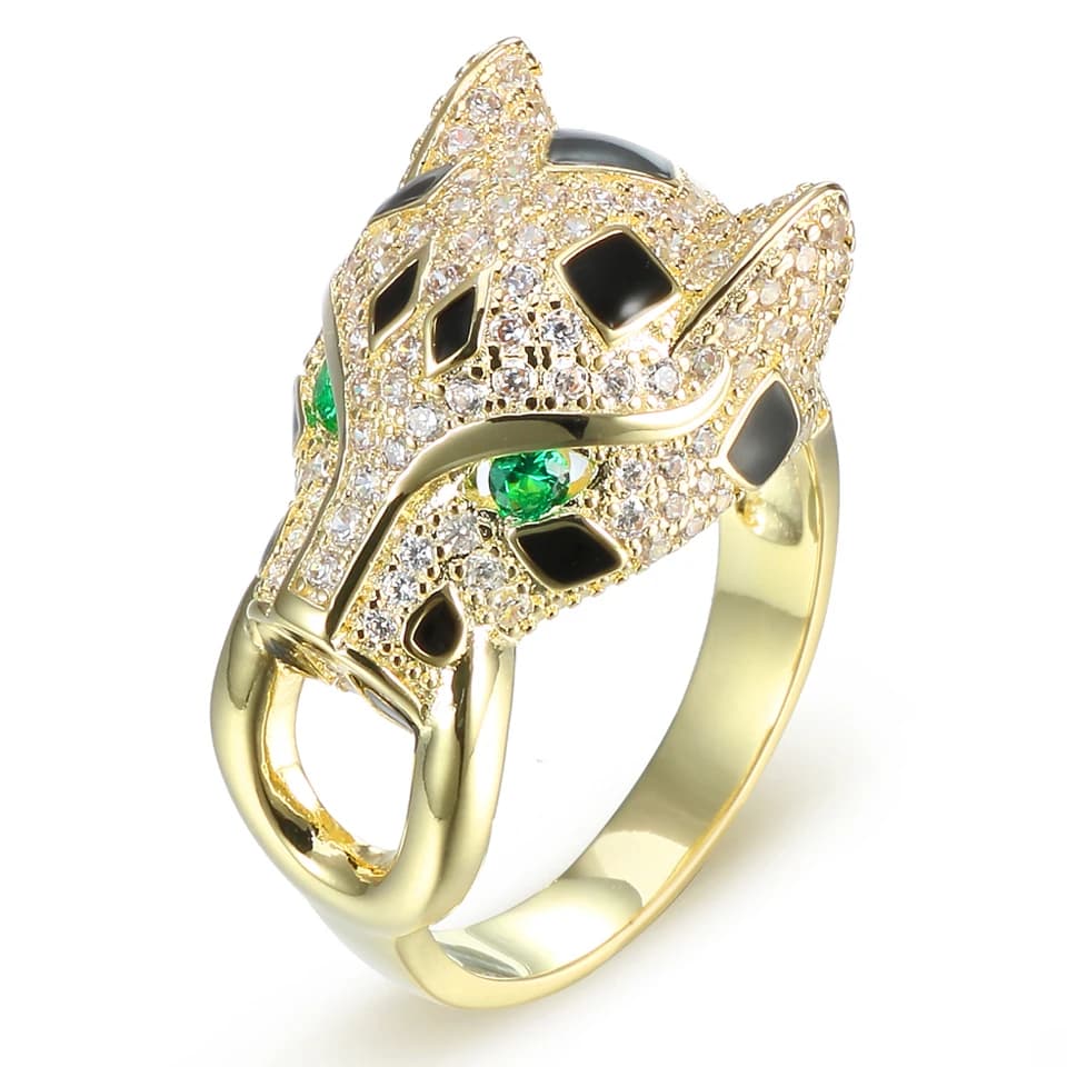 VANAXIN Ring with leopard head Green light luxury eye for woman Man Color gold 14k White Zircon inlaid with natural jewelry