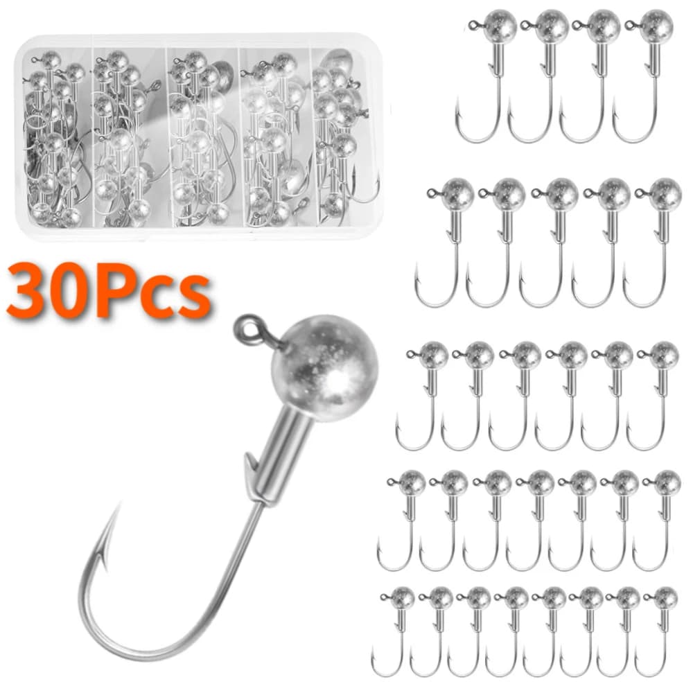 Set di 30 ami da pesca con testa piombata e scatola porta ami, esche morbide per la pesca di crappie, persico, trota, in acqua salata e dolce