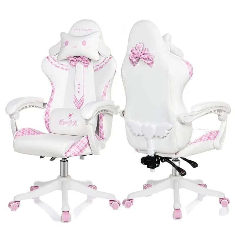 Sedia da gaming rosa per ragazze, nuova sedia da computer alla moda con fiocco, sedia da gaming comoda e reclinabile a 360° per streamer. ° Girevole