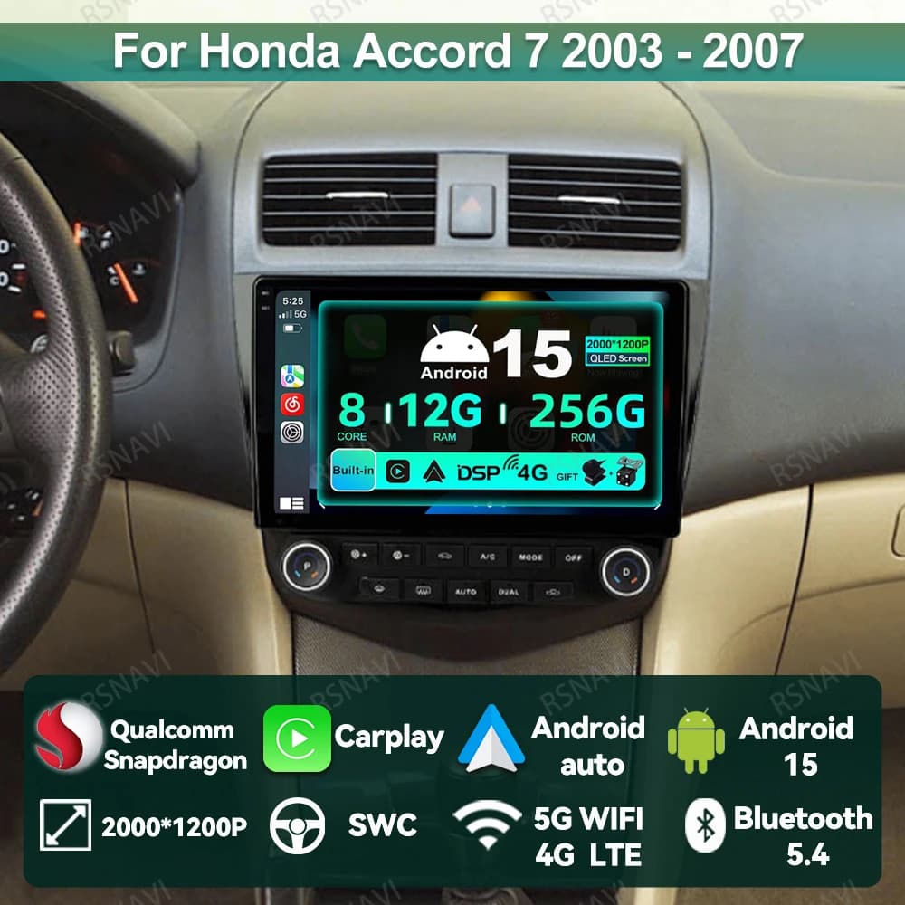 Autoradio Android 15 Per Honda Accord 7 2003 - 2007 GPS 4G LTE DVD 5G WIFI Wireless Carplay Auto Viedo Player Unità principale QLED BT
