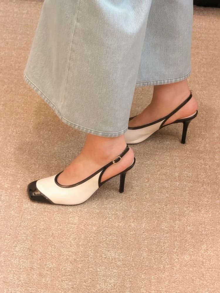 2026 Summer New French Style Women's Shoes Square Head Patchwork Thin Heel Sandals Fashion Genuine Leather Back Strap High Heels