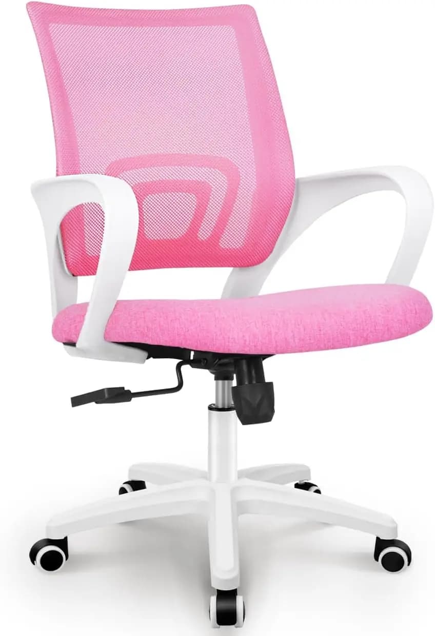 Sedia da Ufficio Ergonomica in Rete con Supporto Lombare, Altezza Regolabile e Ruote Girevoli per Gaming Domestico in Rosa