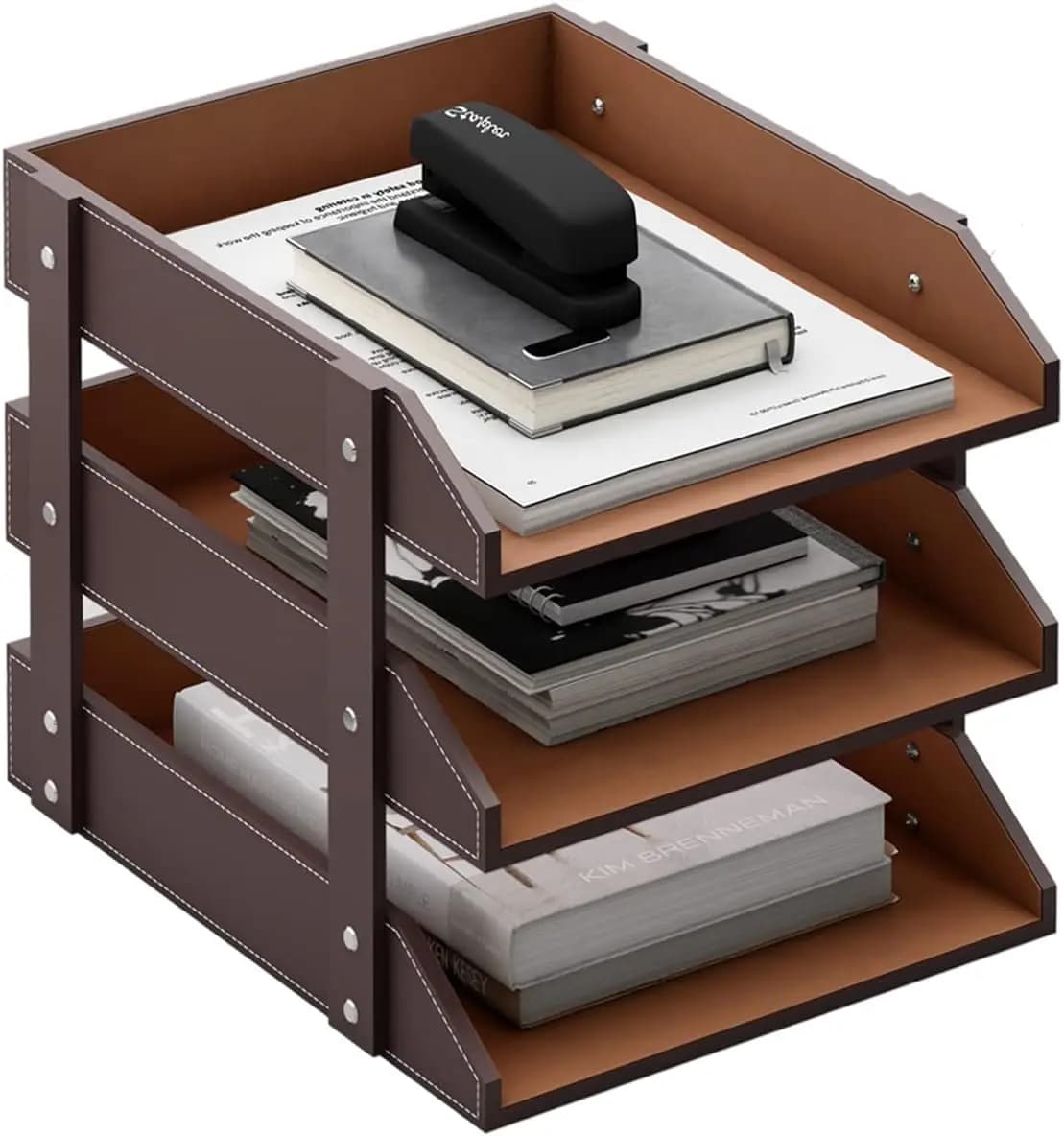Organizer da scrivania impilabile a 3 livelli in pelle per forniture da ufficio, carta, documenti, riviste - Marrone