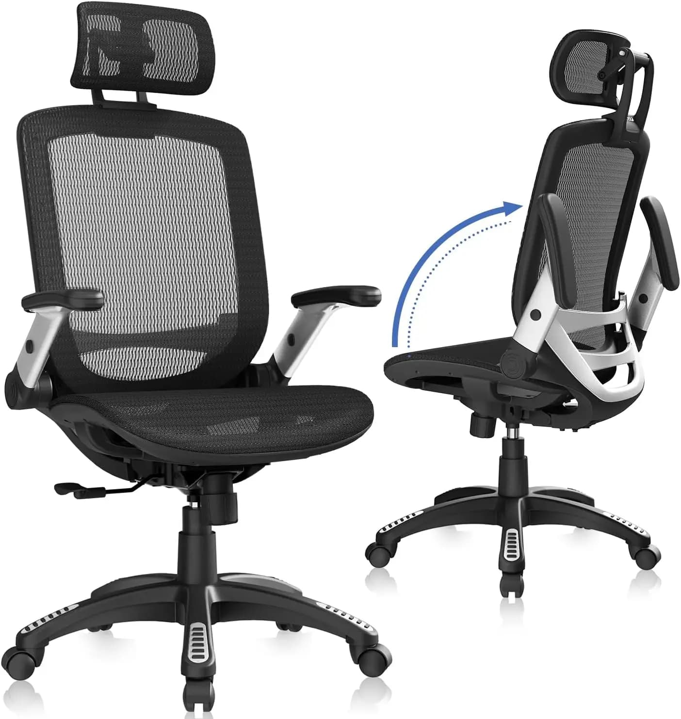 Sedia da ufficio ergonomica in rete con poggiatesta regolabile, braccioli ribaltabili e ampio cuscino per una comoda seduta delle lunghe ore