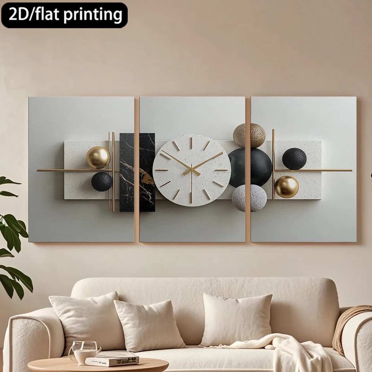 Stampa piatta 2D, quadro decorativo su tela con cornice in legno a 3 pezzi, orologio da parete, geometrico metallizzato. Decorazione per corridoio e camera da letto.