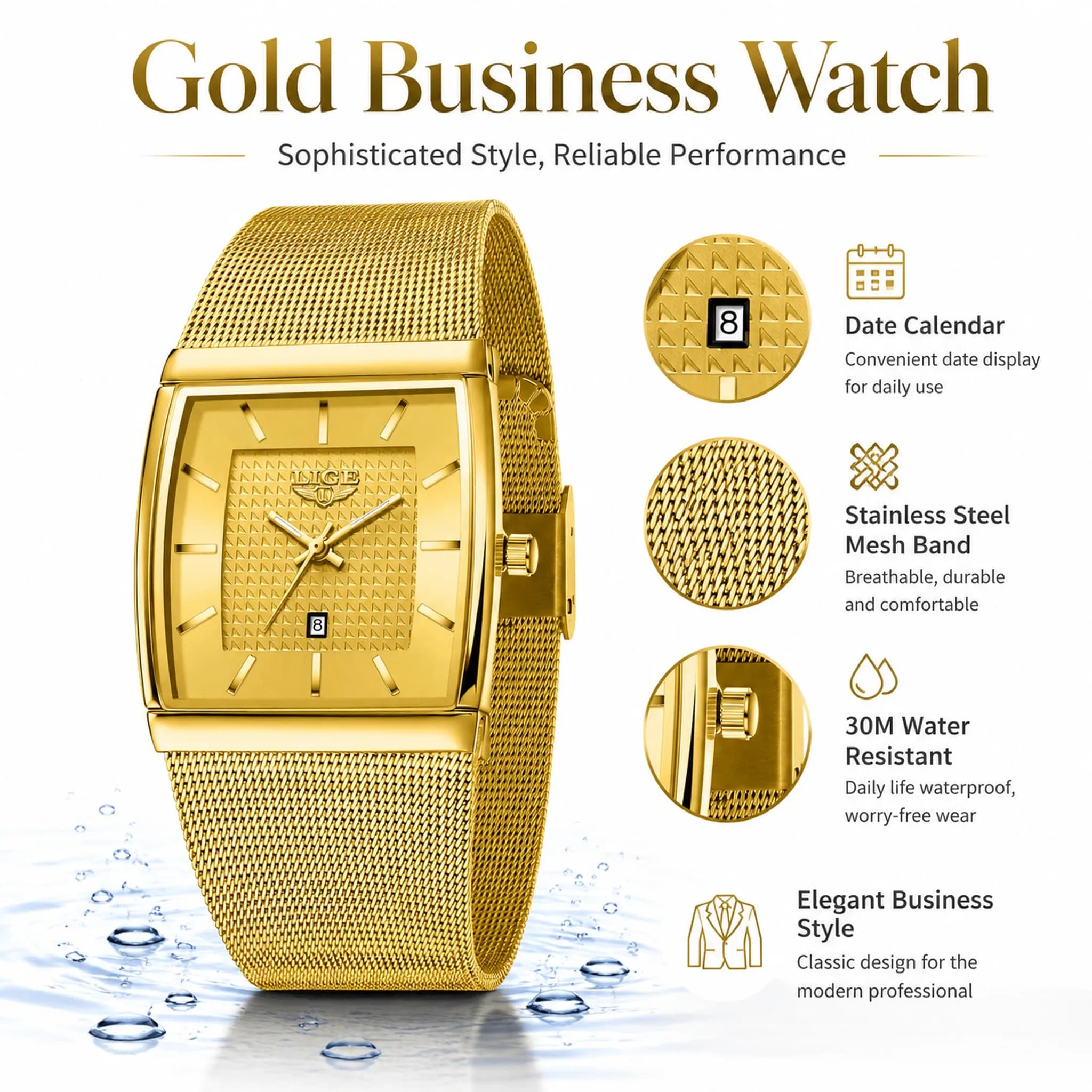 LIGE Top Luxury Men Watch Stainless Steel Mesh Date Waterproof Luminous Man Wristwatch Casual Rectangle Quartz Men's Watches