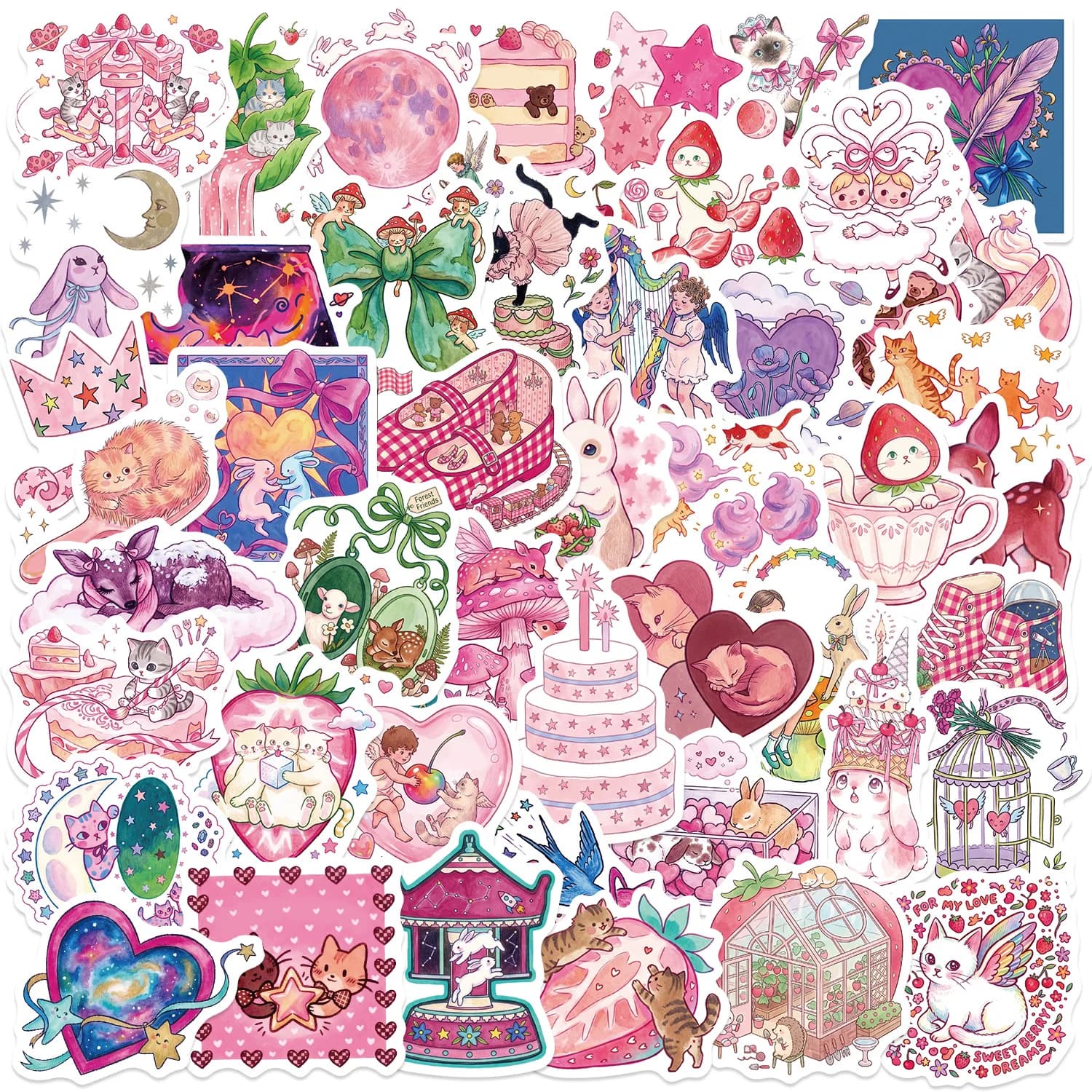 50 PCS Cartoon Pink Fairy Tale Theme Graffiti Stickers Decorate Guitar Helmet Skateboard Bike Waterproof Stationery Decals