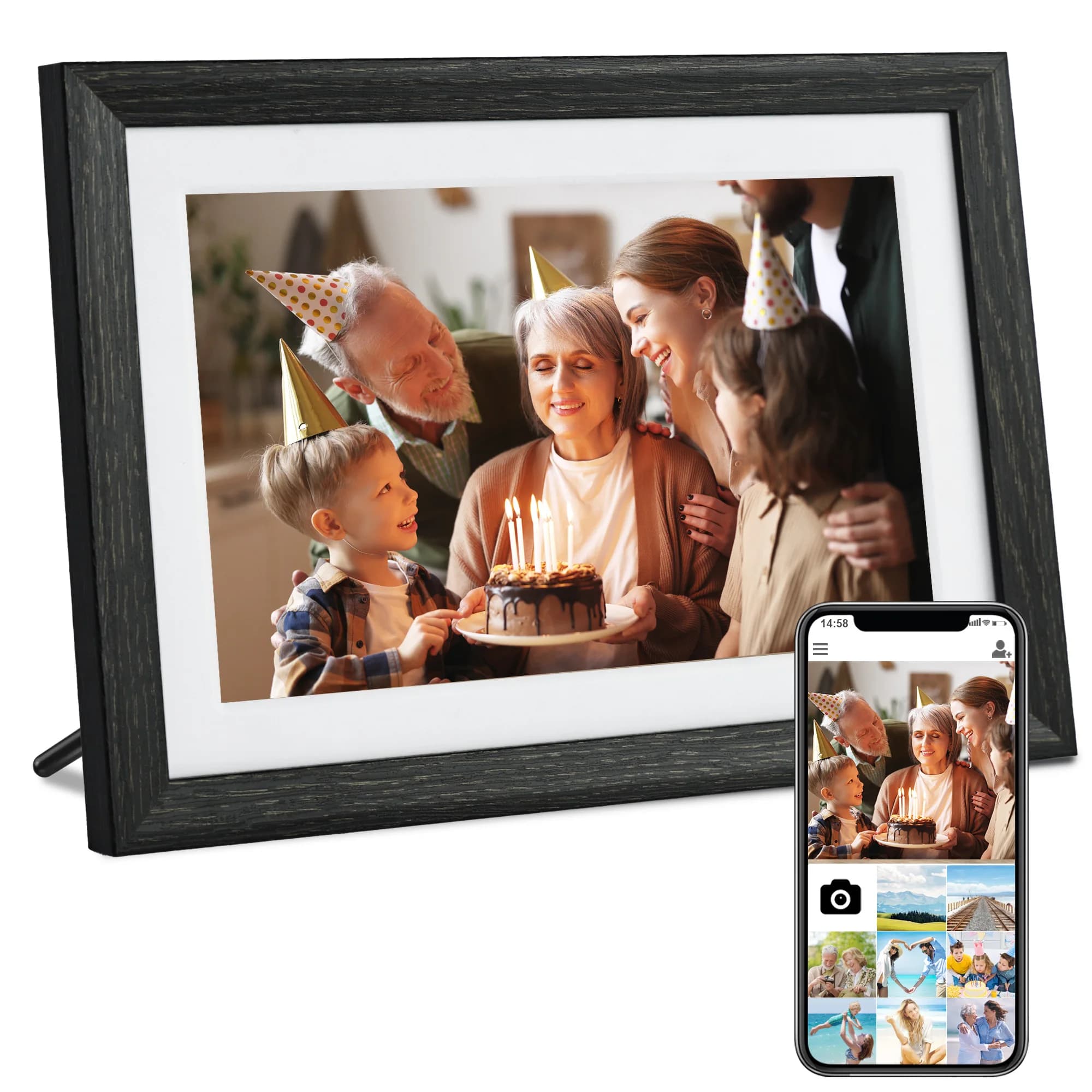 Classic Dark Brown Wood Digital Photo Frame 1+32GB Storage 1280x800 HD WiFi Connectivity Clock Android Cloud Picture Features