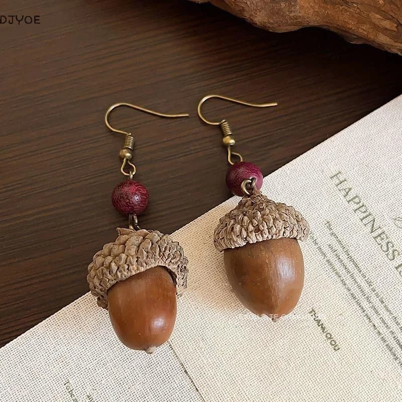 【DJyoe】Orecchini vintage con piante in legno per donne Orecchini pendenti con piante naturali creative e frutta secca Gioielli etnici