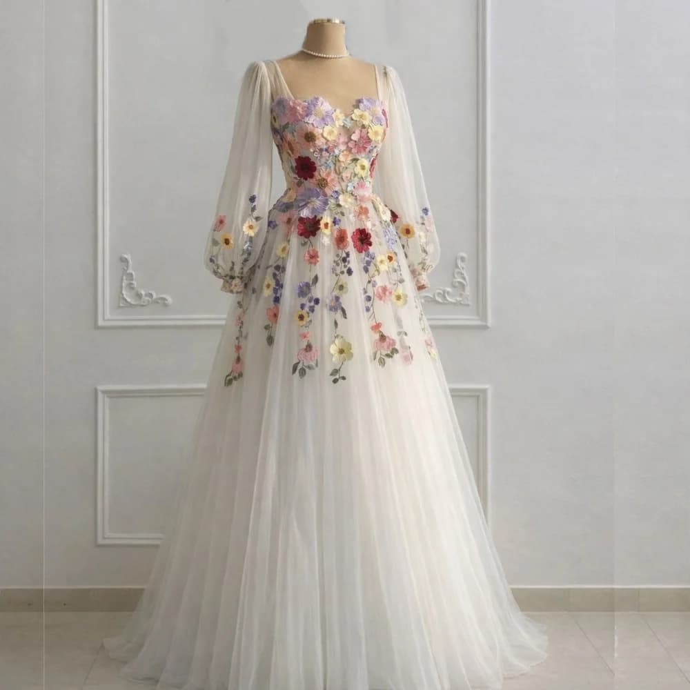 Abito da Sera Elegante Personalizzato con Applicazioni, Maniche Lunghe Plissettate, Vestito Lungo a Linea A, Abito su Misura per Occasioni Speciali, Feste e Matrimoni