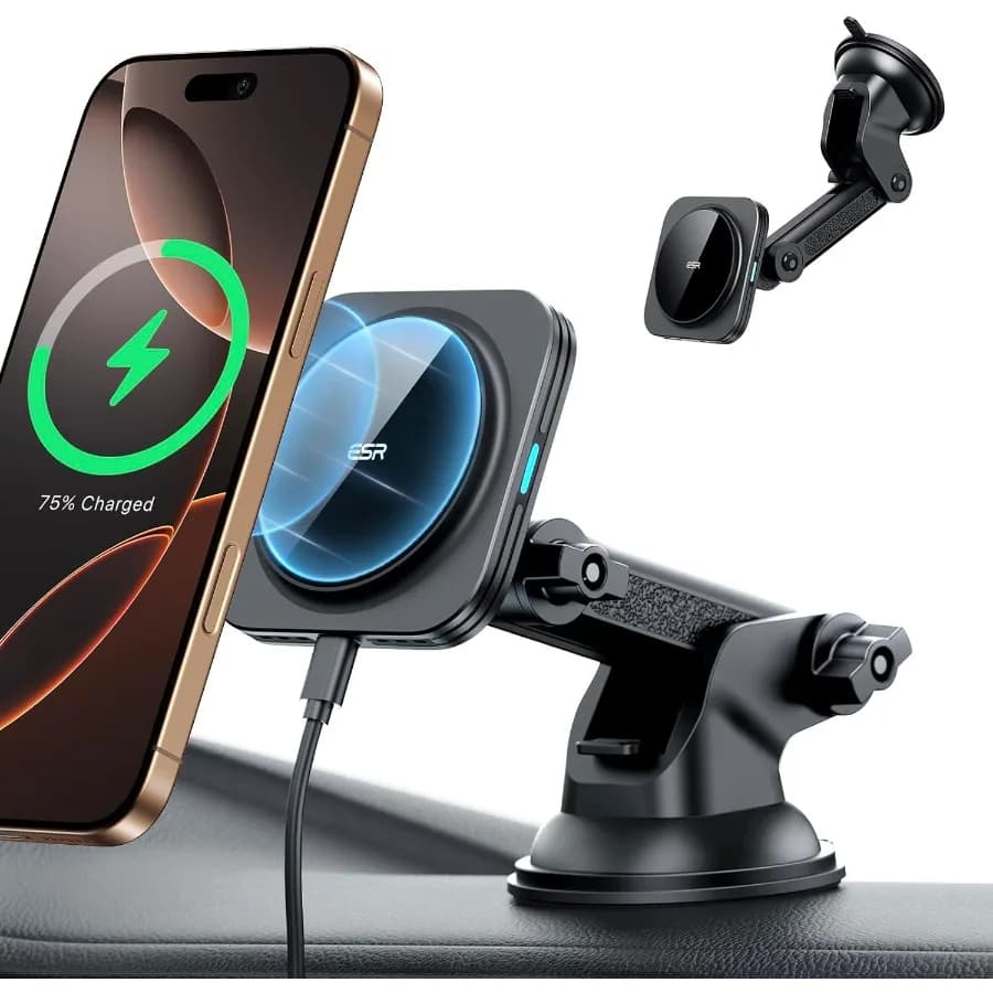 Caricabatterie da auto con ventosa per cruscotto Supporto per telefono magnetico girevole a 360° compatibile con iPhone 17 16 15 14