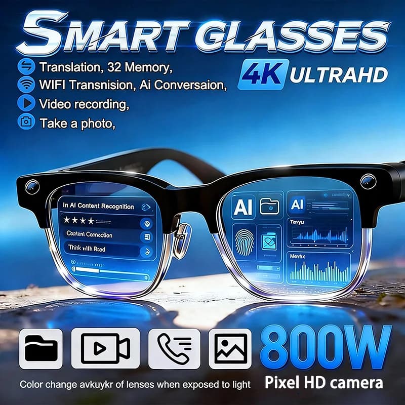 New AI 800W Glasses with Camera, 4K HD Video Recording, AI Photo Recognition, Translation, Bluetooth Calls and Vocal Control