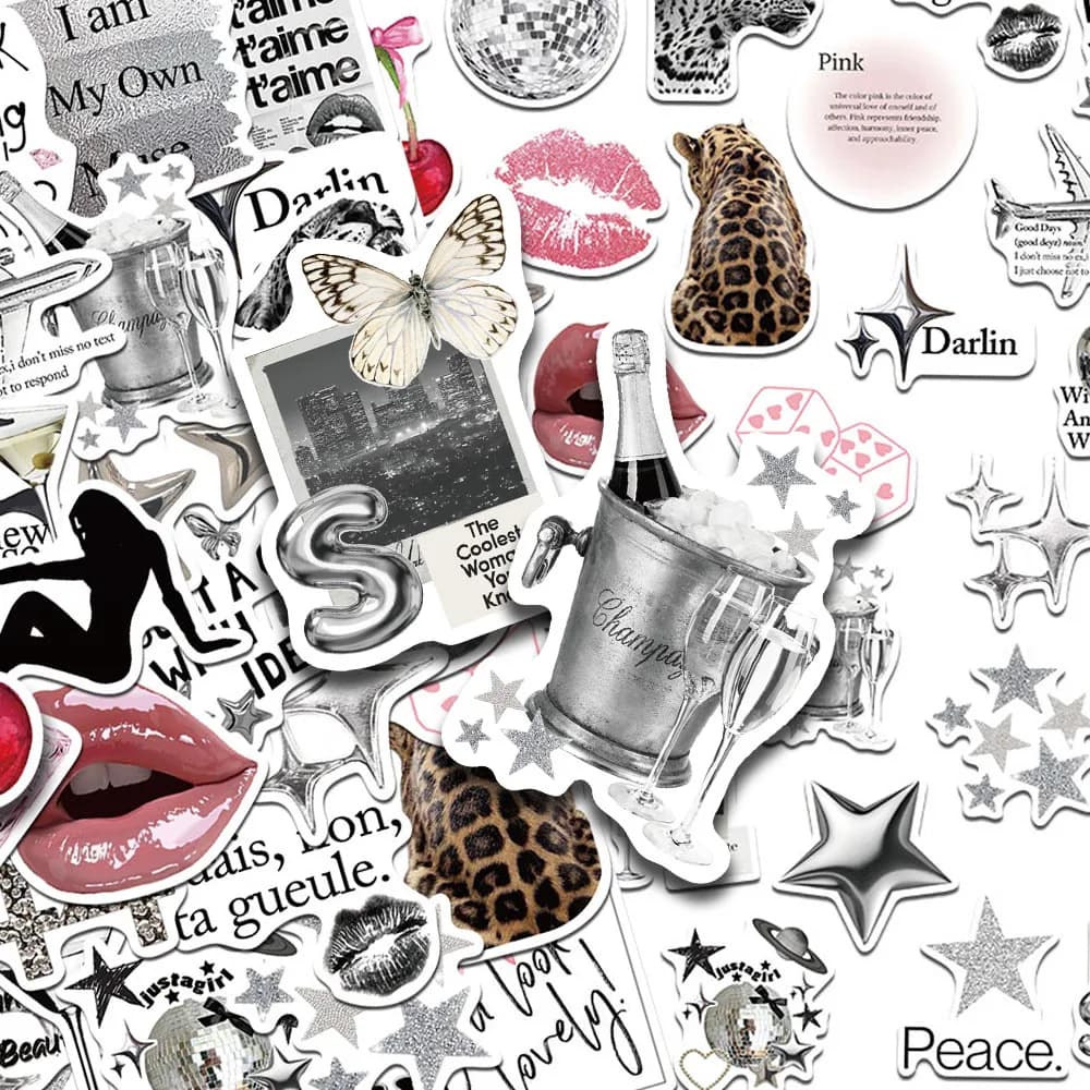 Black White Silver Lucky Girl Stickers Leopard Print Lip Disco Ball Waterproof Decals for Phone Laptop Water Bottle Journal