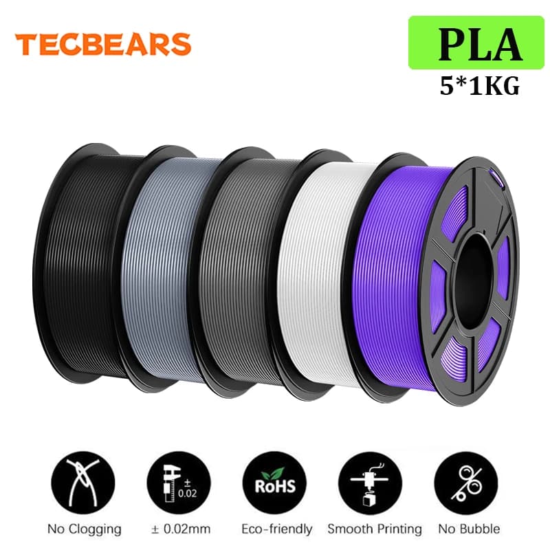 Filamento PLA per Stampante 3D TECBEARS, 1.75mm, 5 Rotoli, 5KG, Multicolore, Confezionamento Sottovuoto Senza Bolle per Stampa 3D FDM, Materiali Fai-da-Te
