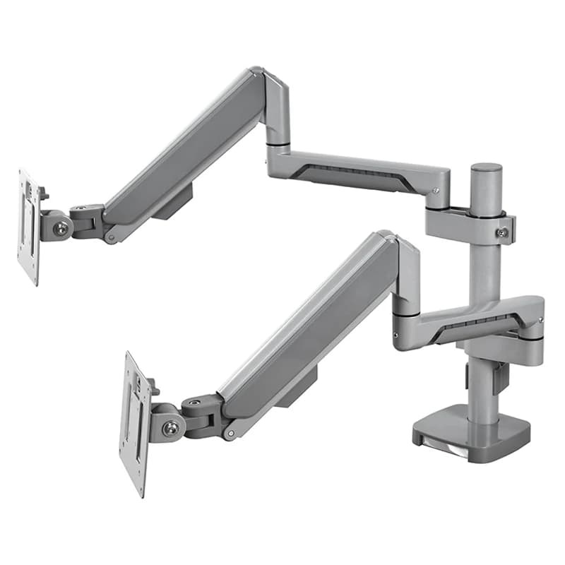 Supporto per due monitor Swelix H11G grigio, da 17 a 36 pollici, con braccio articolato a molla a gas per computer, per scrivania, con movimento massimo di 90 gradi.