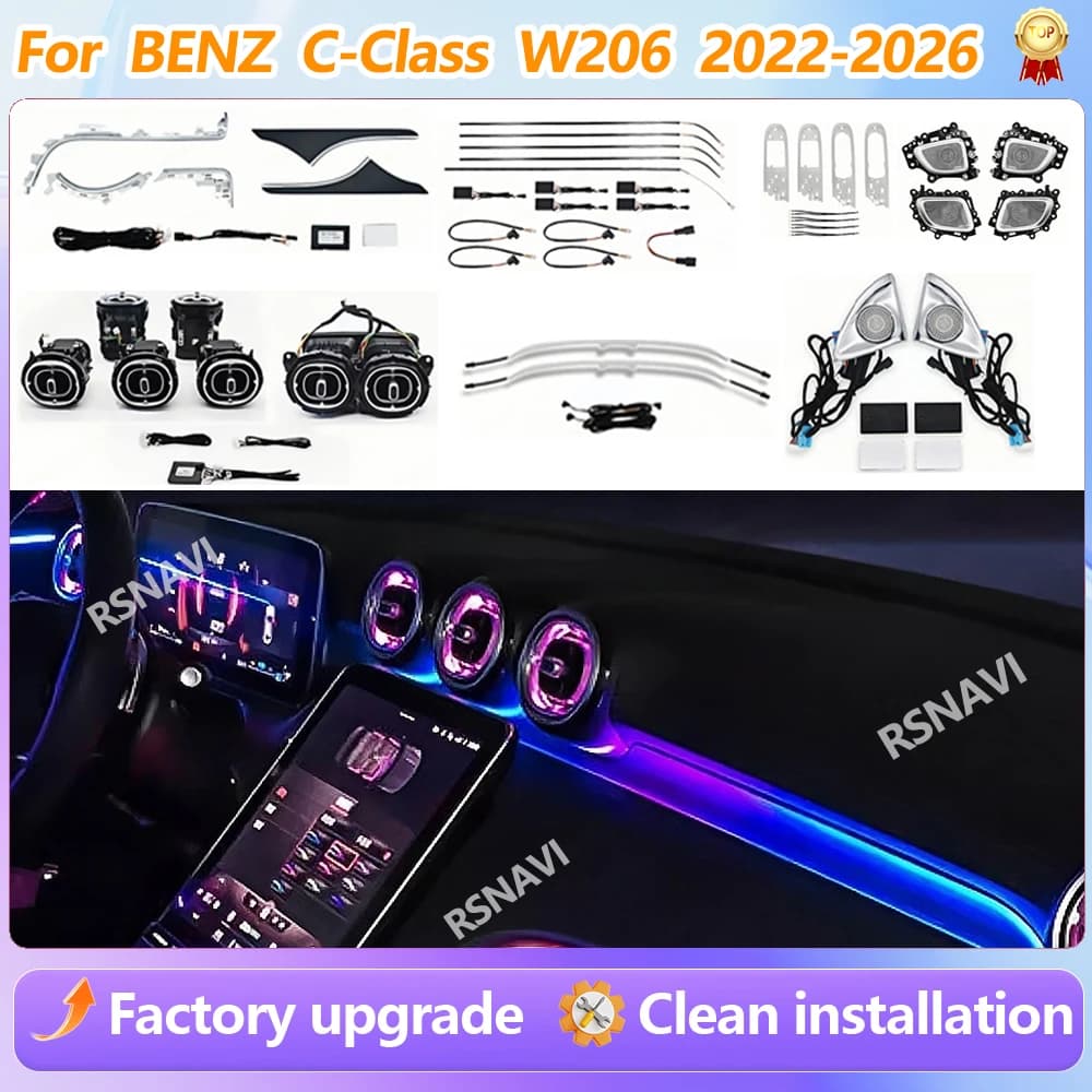 For Benz C Class W206 2022-2026 64 Colors LED Ambient Light Kit 4D Rotating Tweeter Turbine Vent Outlet Seat Light Car Accessori