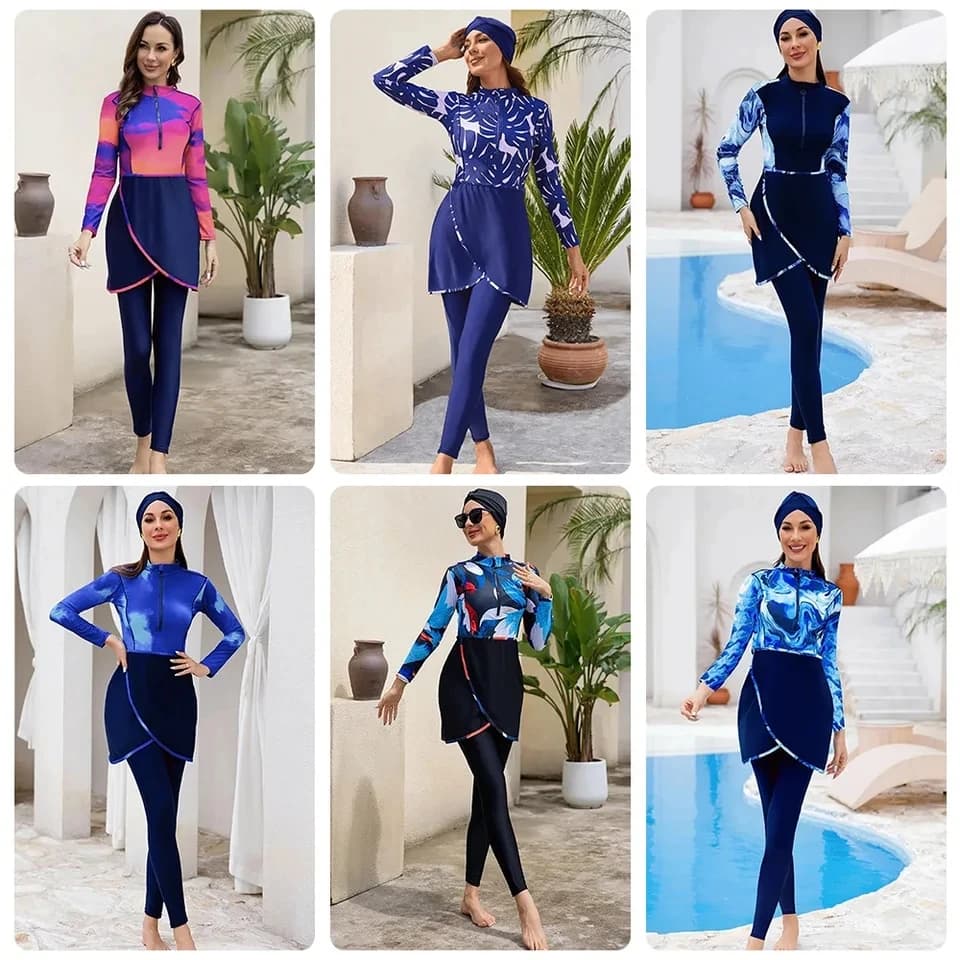 Nuovo Costume da Bagno Donna 2026 a Maniche Lunghe, Set Tre Pezzi con Pantaloni Lunghi e Cuffia da Nuoto, Costume Professionale
