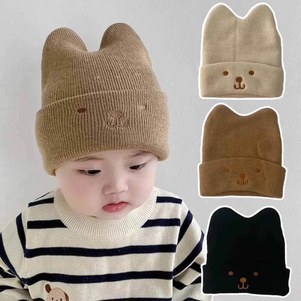 Cute Baby Beanie Cap Autumn Winter Warm Knitted Pullover Hat Cartoon Embroidered Toddler Warm Hats Newborn