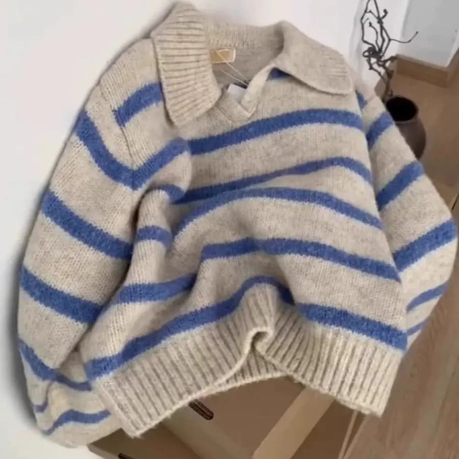 Autumn Winter Blue Stripe Sweater Pullover for Women Casual Turn-Down Collar Long Sleeve Knit Tops Lady Falls Fashion Knitwear