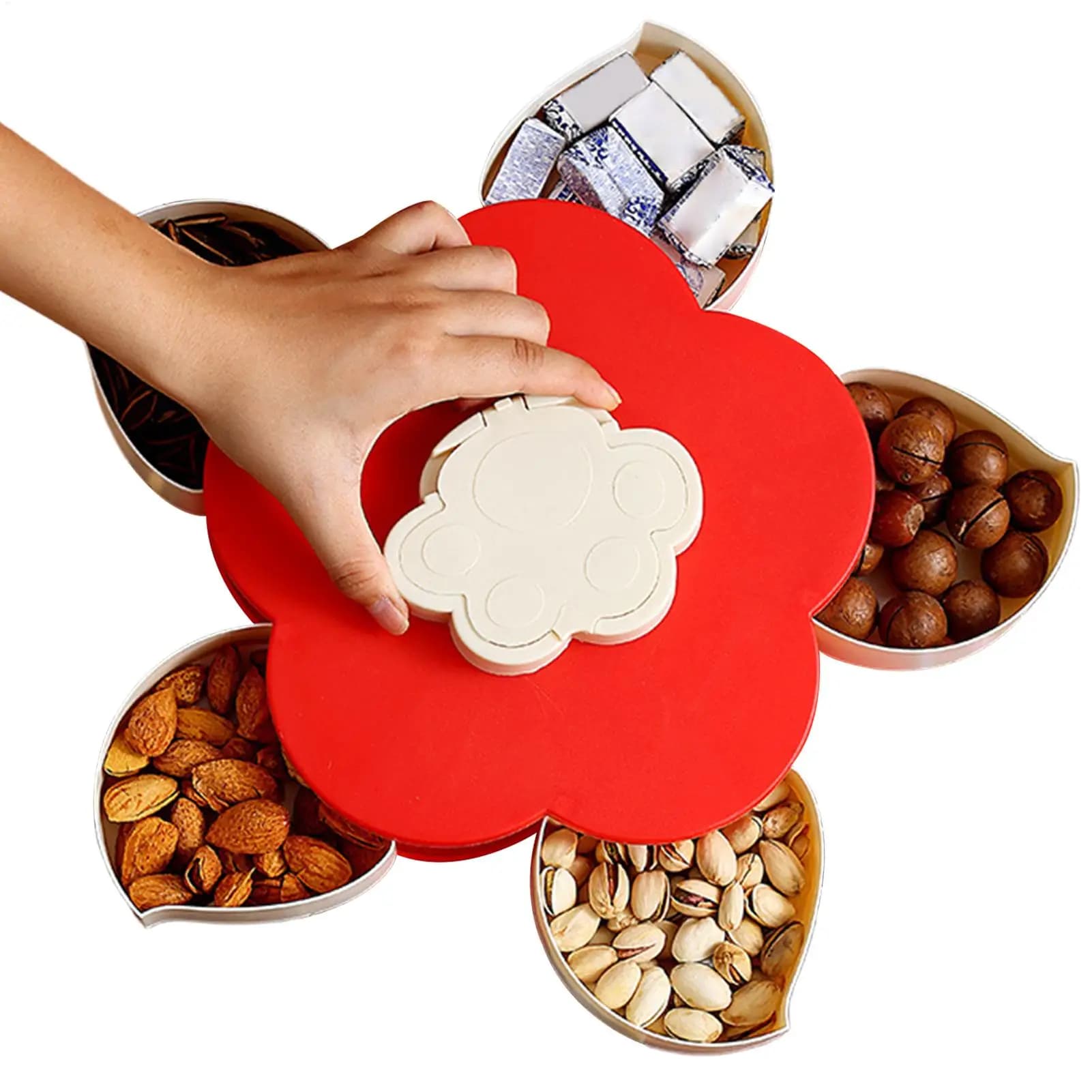 Vassoio Porta Snack a Forma di Petalo, Contenitore Girevole con Scomparti, Vassoio per Snack per Picnic, Feste, Buffet, Brunch, Cena, Pranzo, Bar, Casa