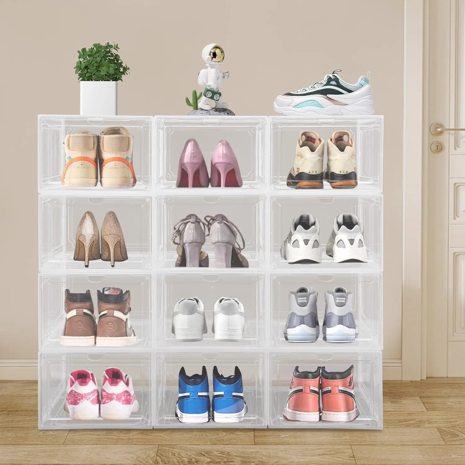 Confezione da 12 scatole per scarpe impilabili, scatole per scarpe anteriori in acrilico, scatole per scarpe trasparenti, scatole per scarpe da ginnastica autoportanti, organizer per scarpiera