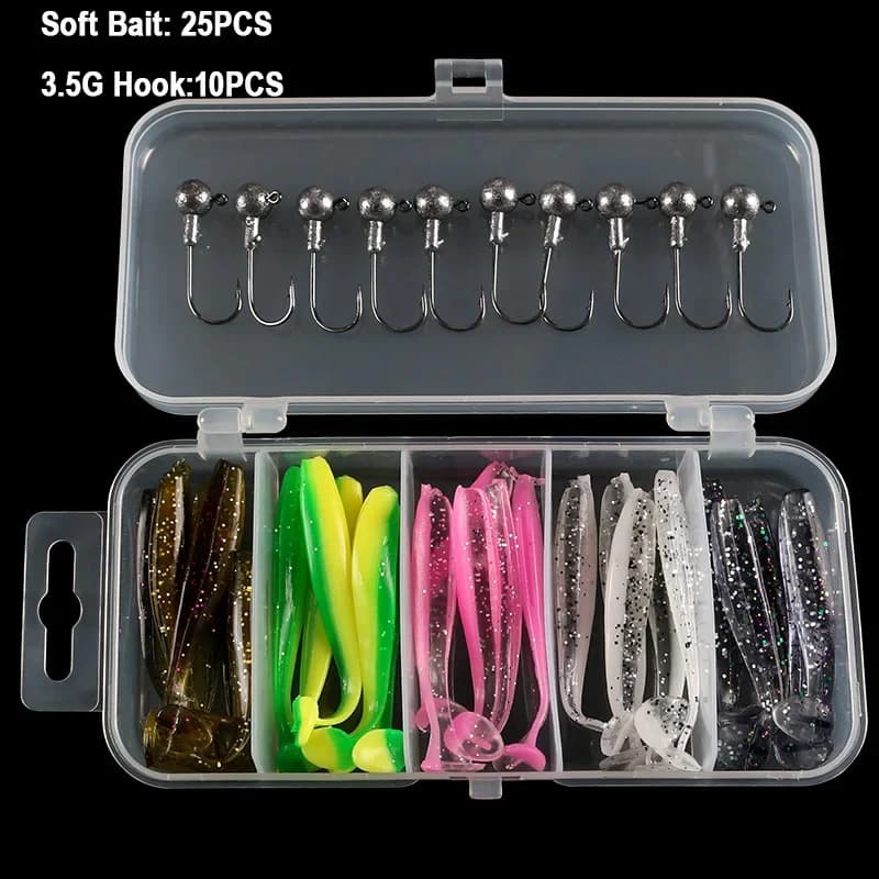 25 Pcs Lure Boxed Soft Bait Perch Warbler Fish Bait Soft Worms Threaded Curly Tail Maggot Bionic Bait Fake Baits Lead Head Hooks