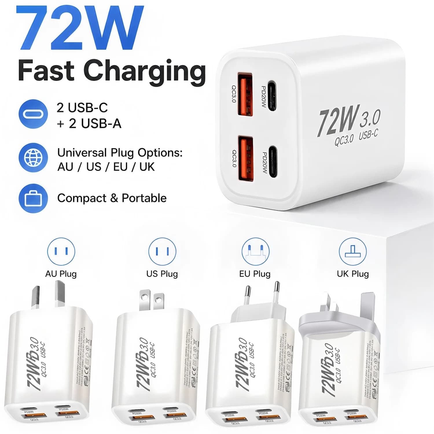 EU/US/AU Wall Plug Multi-Port USB-C/USB-A Mobile Phone Charger, 72W Dual PD Fast Charging Block Adapter For iPhone Xiaomi