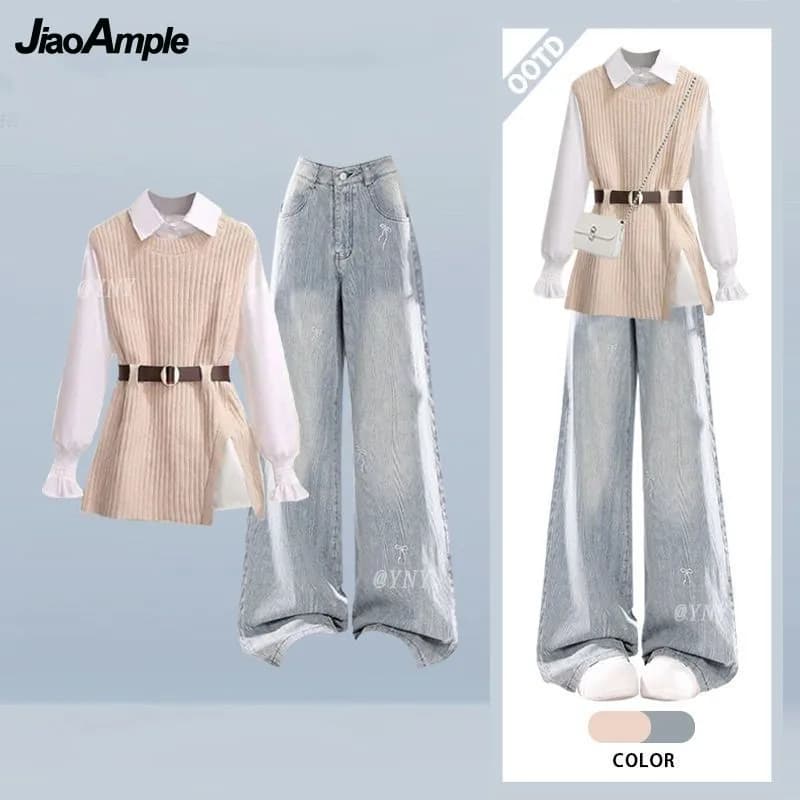 Donna 2025 Autunno/Inverno Nuova moda in jeans Set coordinato Gilet coreano elegante in maglia + Camicia bianca + Pantaloni in denim a gamba larga Abito da 3 pezzi