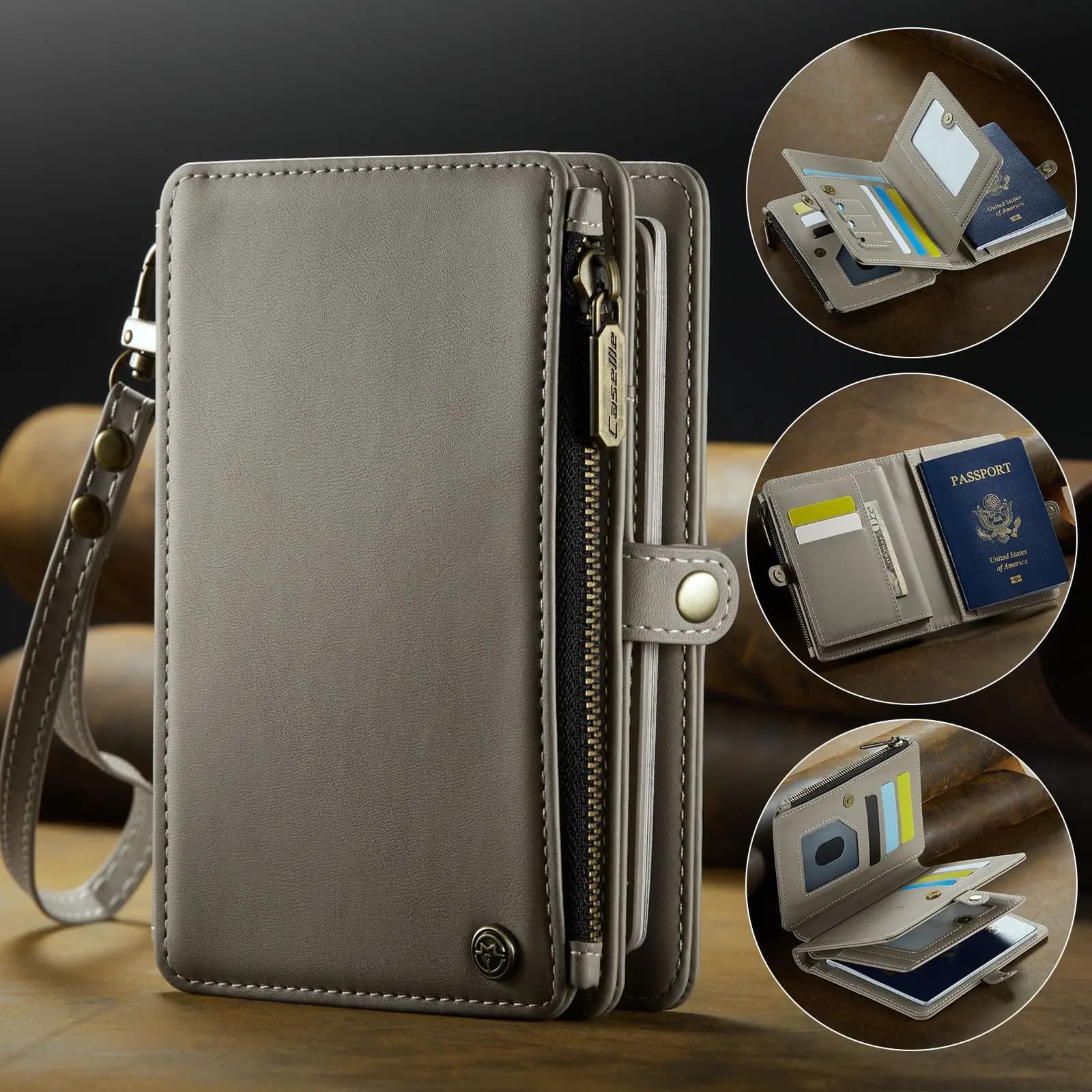 Porta Passaporto Multifunzionale, Portafoglio da Viaggio con Blocco RFID, Porta Carte Corto in Ecopelle con Cinturino da Polso e Chiusura a Zip e Bottone a Pressione